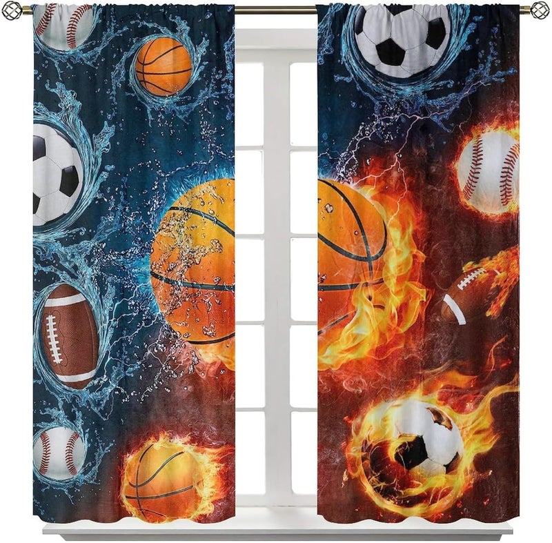 YCness Boys Sports Kids Curtains for Bedroom, Fire Basketball Football Soccer 3D Ball Window Treatments for Living Room,Teen Boys Girls Room Decor Drapes 2 Panel Sets,52x84 Inch - Image 3